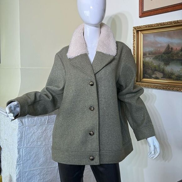 Old Navy Soft Brushed Sherpa Trim Aviator Style Bomber Jacket Moss Green - Picture 2 of 12